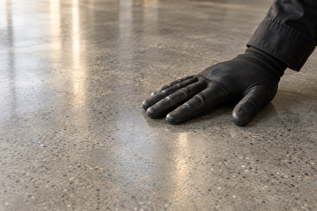 A gloved hand inspecting a polished concrete finish