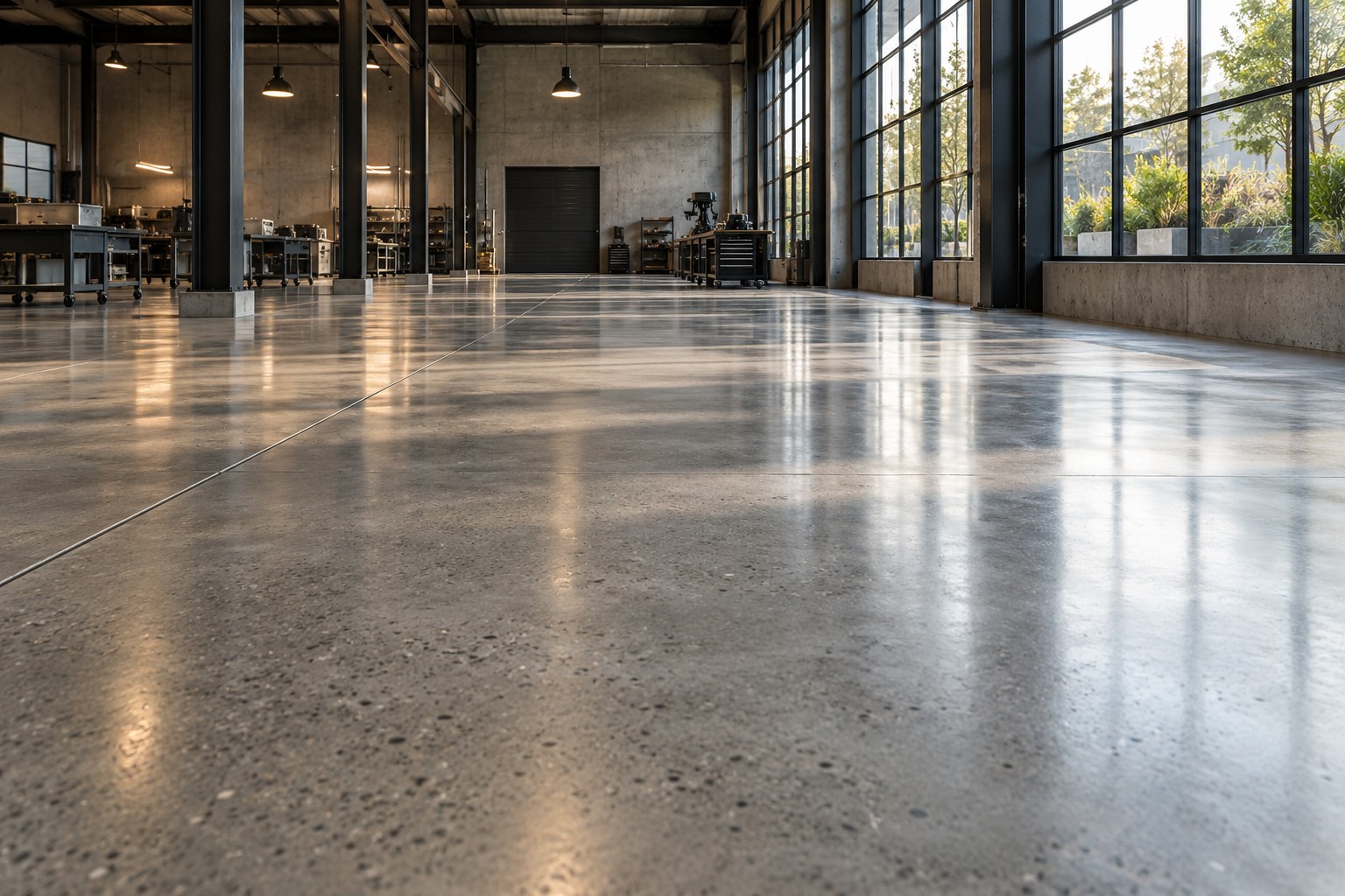 Architectural concept of a refined polished concrete floor in an industrial interior